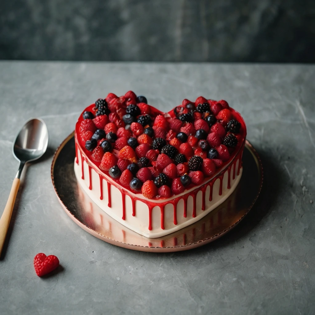 heart-shaped cake decorated with fresh berries and a smooth white frosting with a vibrant red drip design