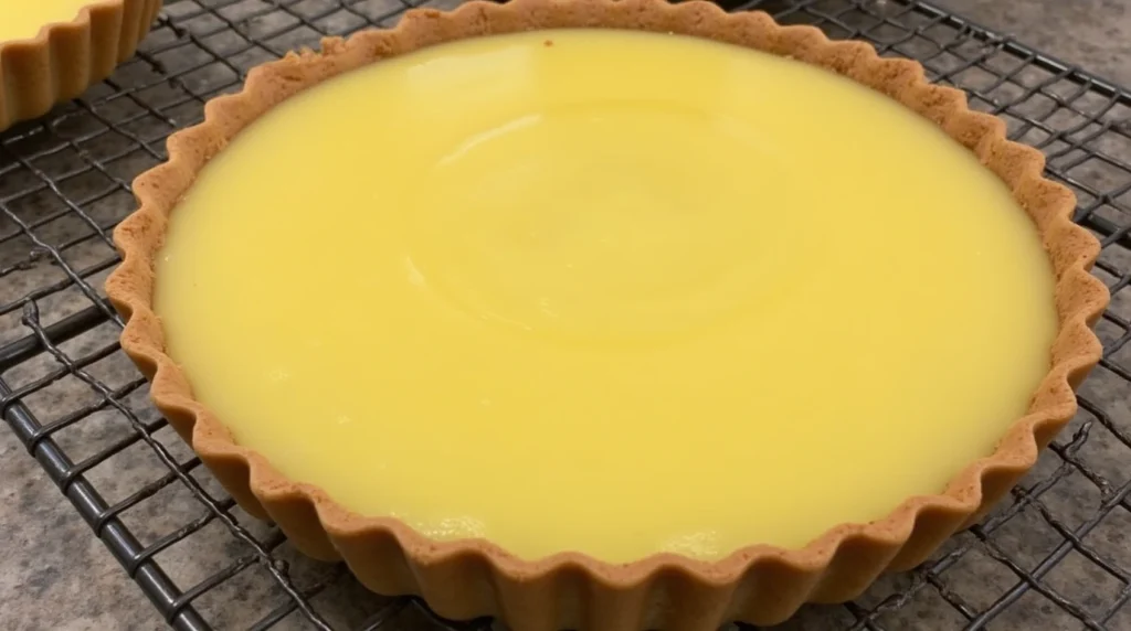 A freshly baked lemon tart cooling on a wire